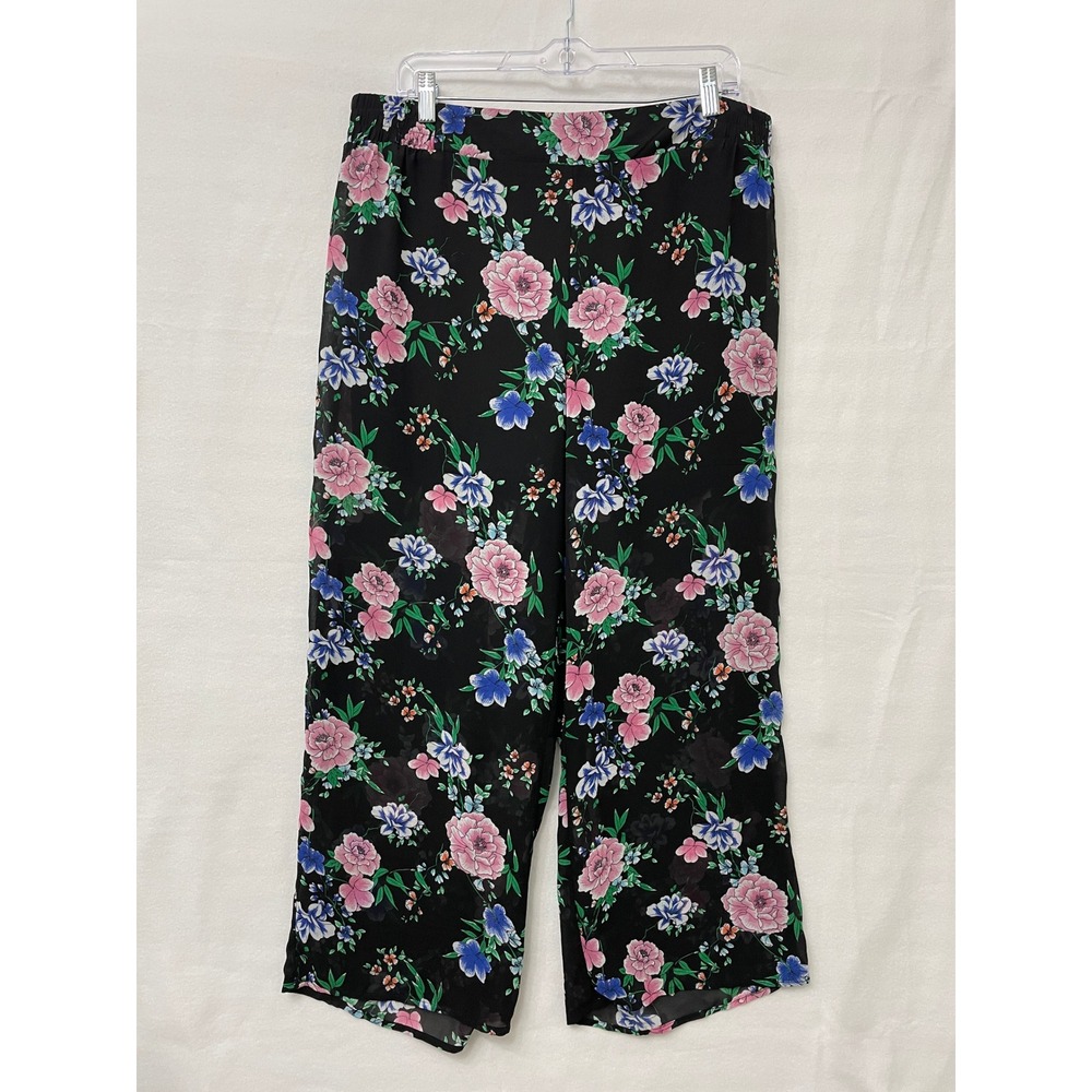 New Torrid Chiffon Pants 1X Black Multi Floral Wide Leg Elastic Waist Feminine